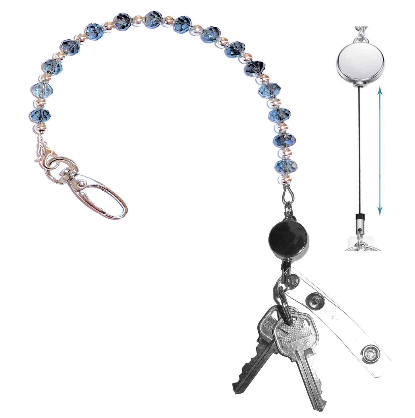 Artistic Blue  - Key Keeper 12" With Retractable Reel Women's Beaded Hand Strap Chain Finder Organizer Wallet Purse Holder Ring