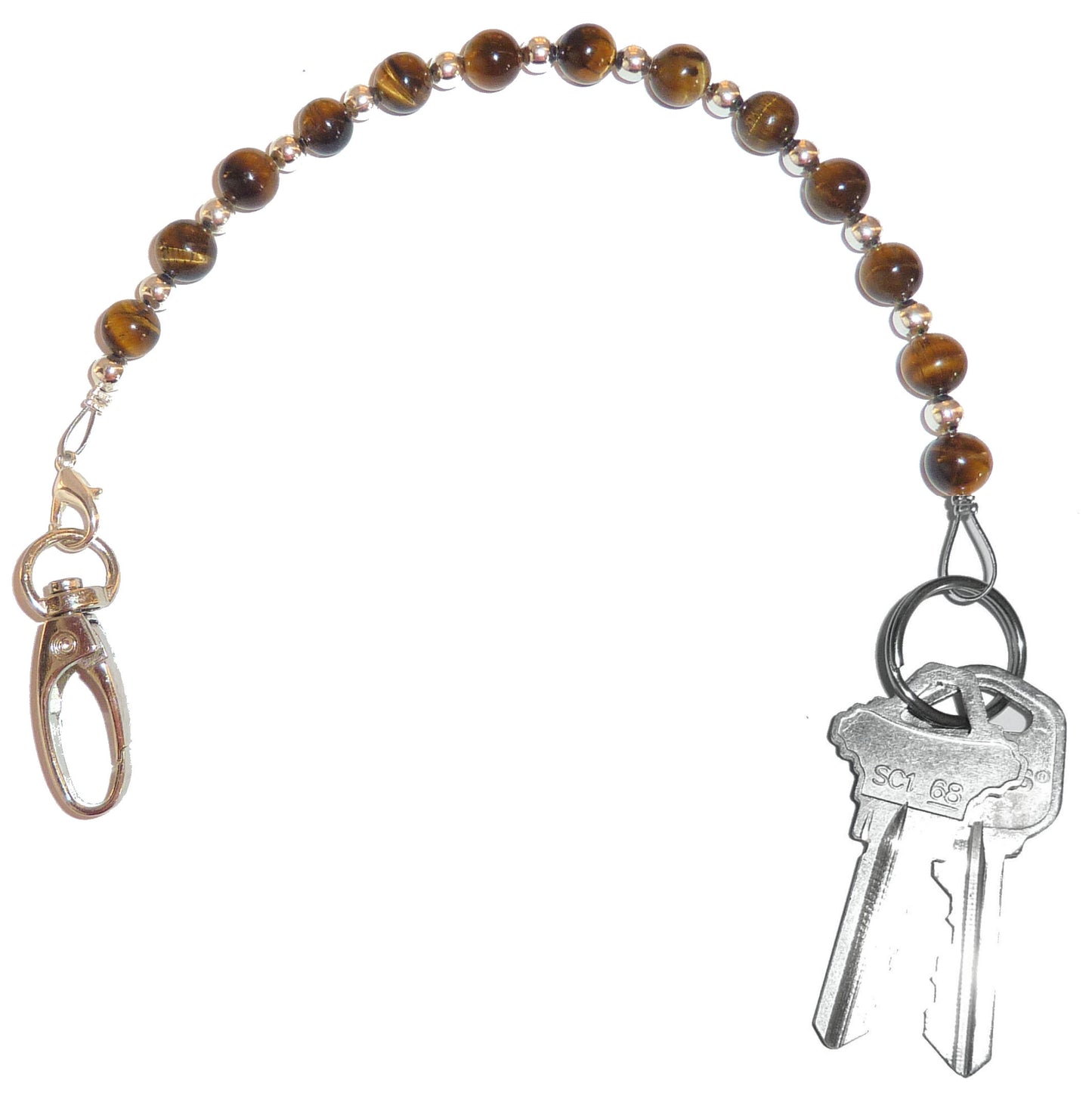 Tigers Eye - Key Keeper 12" With Retractable Reel Women's Beaded Hand Strap Chain Finder Organizer Wallet Purse Holder Ring