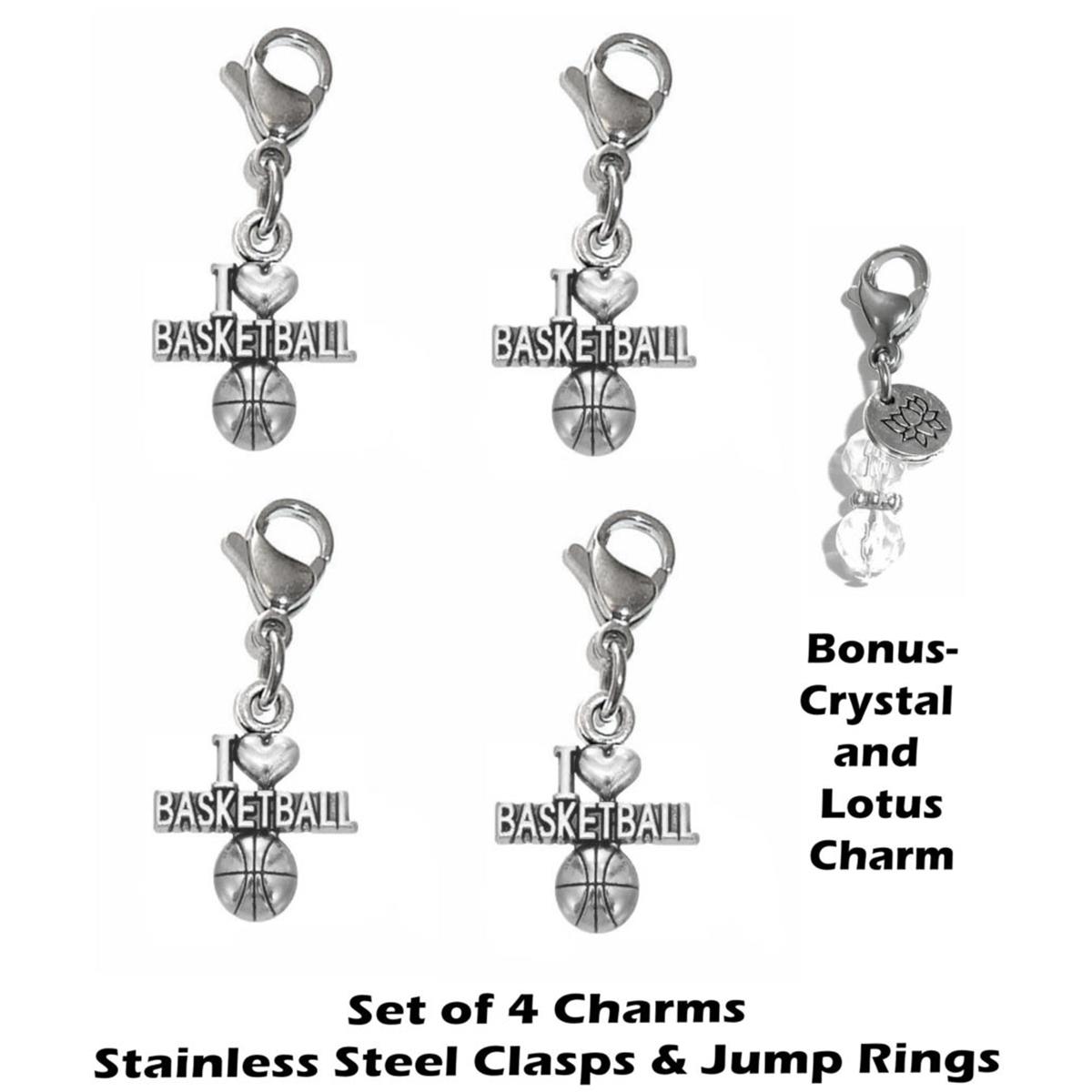 4 Pack I Love Basketball Clip On Charms - Sports Charms Clip On Anywhere
