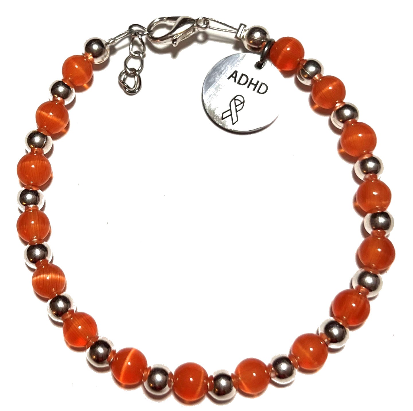 ADHD, ADD, Attention Deficit Hyperactive Disorder Awareness Charm Beaded Bracelet, 7.75 Inches, Orange, Dark Orange Color, Handbeaded in the USA