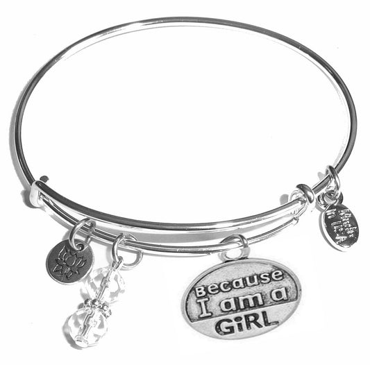 Because I am a Girl - Message Bangle Bracelet - Expandable Wire Bracelet– Comes in a gift box