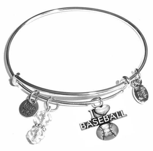 I Love Baseball - Message Bangle Bracelet - Expandable Wire Bracelet– Comes in a gift box