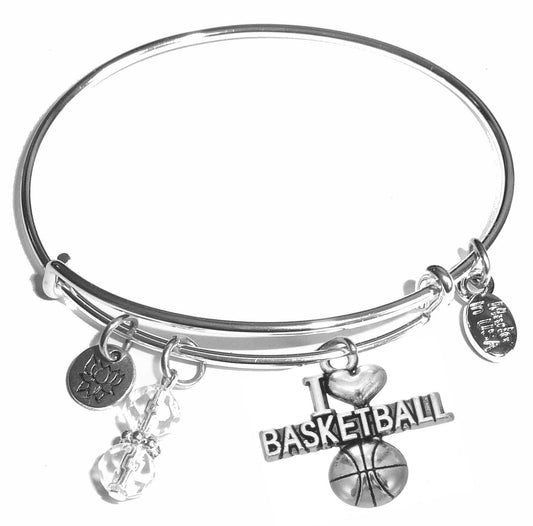 I Love Basketball - Message Bangle Bracelet - Expandable Wire Bracelet– Comes in a gift box