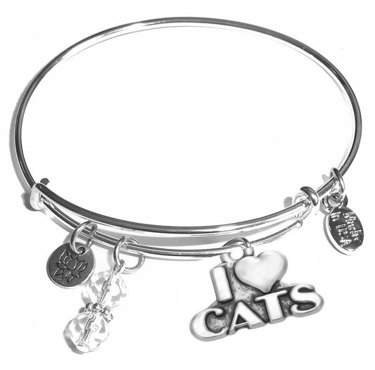 I Love Cats - Message Bangle Bracelet - Expandable Wire Bracelet– Comes in a gift box