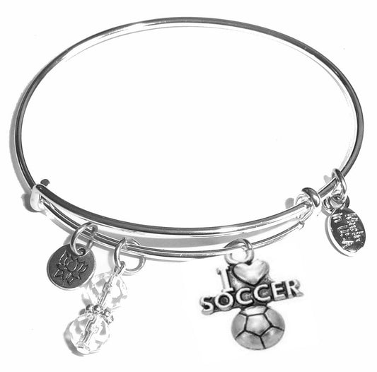 I Love Soccer - Message Bangle Bracelet - Expandable Wire Bracelet– Comes in a gift box