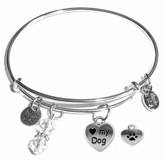 Love my dog - Message Bangle Bracelet - Expandable Wire Bracelet– Comes in a gift box