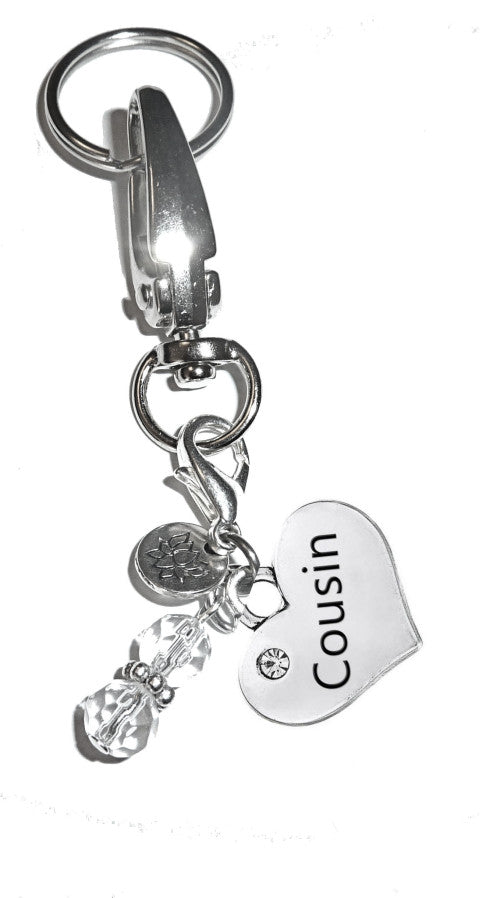 (Cousin) Charm Key Chain Ring, Women's Purse or Necklace Charm, Comes in a Gift Box!