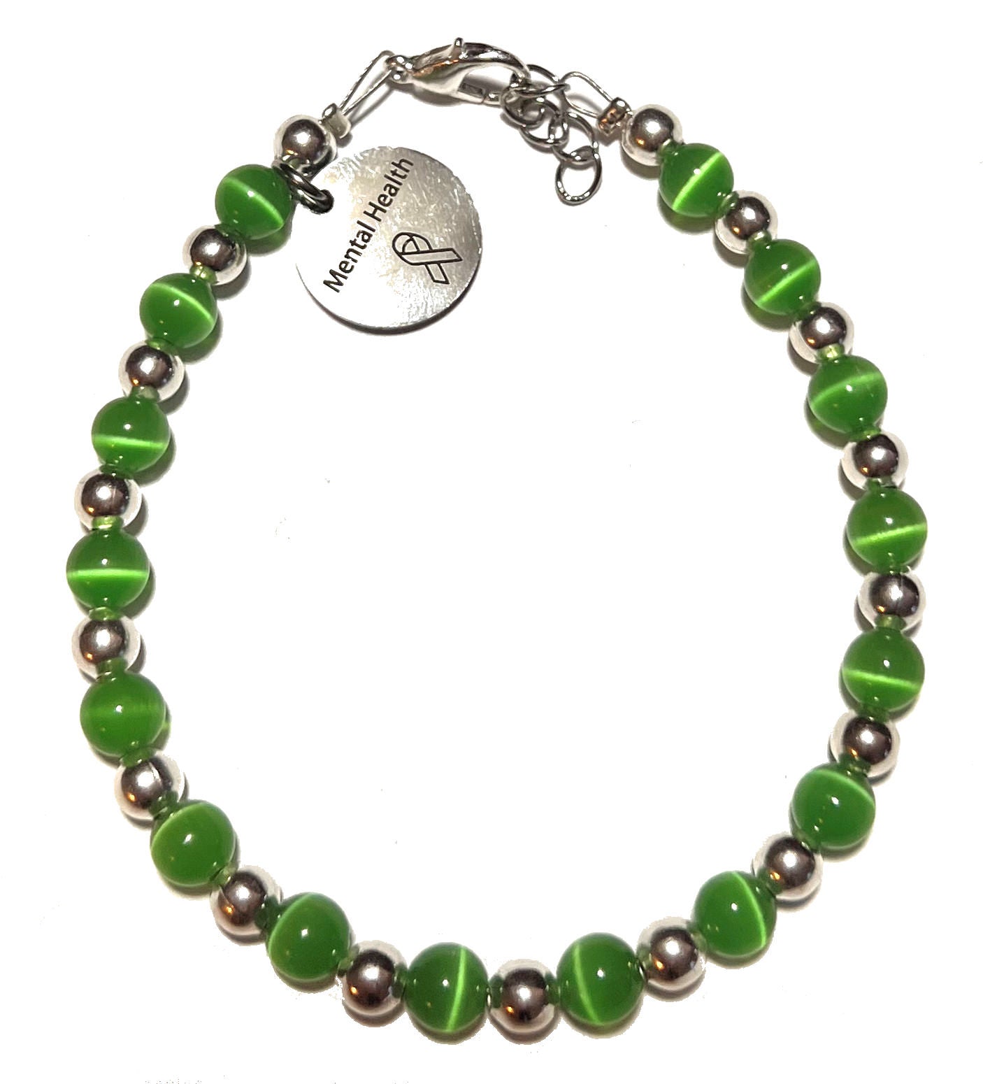 Mental Health, Depression Awareness Charm, Beaded Bracelet, 7.75 Inches, Green Color Cat's Eye Beads, Stretch or Wire & Clasp Versions, Handbeaded in the USA