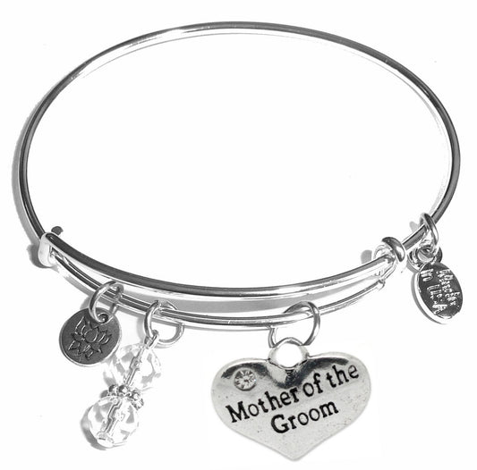 Mother of the Groom - Message Bangle Bracelet - Expandable Wire Bracelet– Comes in a gift box