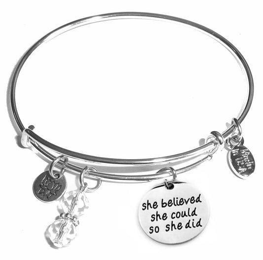 She Believed She Could and So She Did - Message Bangle Bracelet - Expandable Wire Bracelet– Comes in a gift box