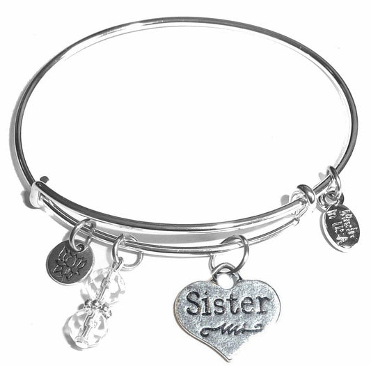 Sister (Heart) - Message Bangle Bracelet - Expandable Wire Bracelet– Comes in a gift box