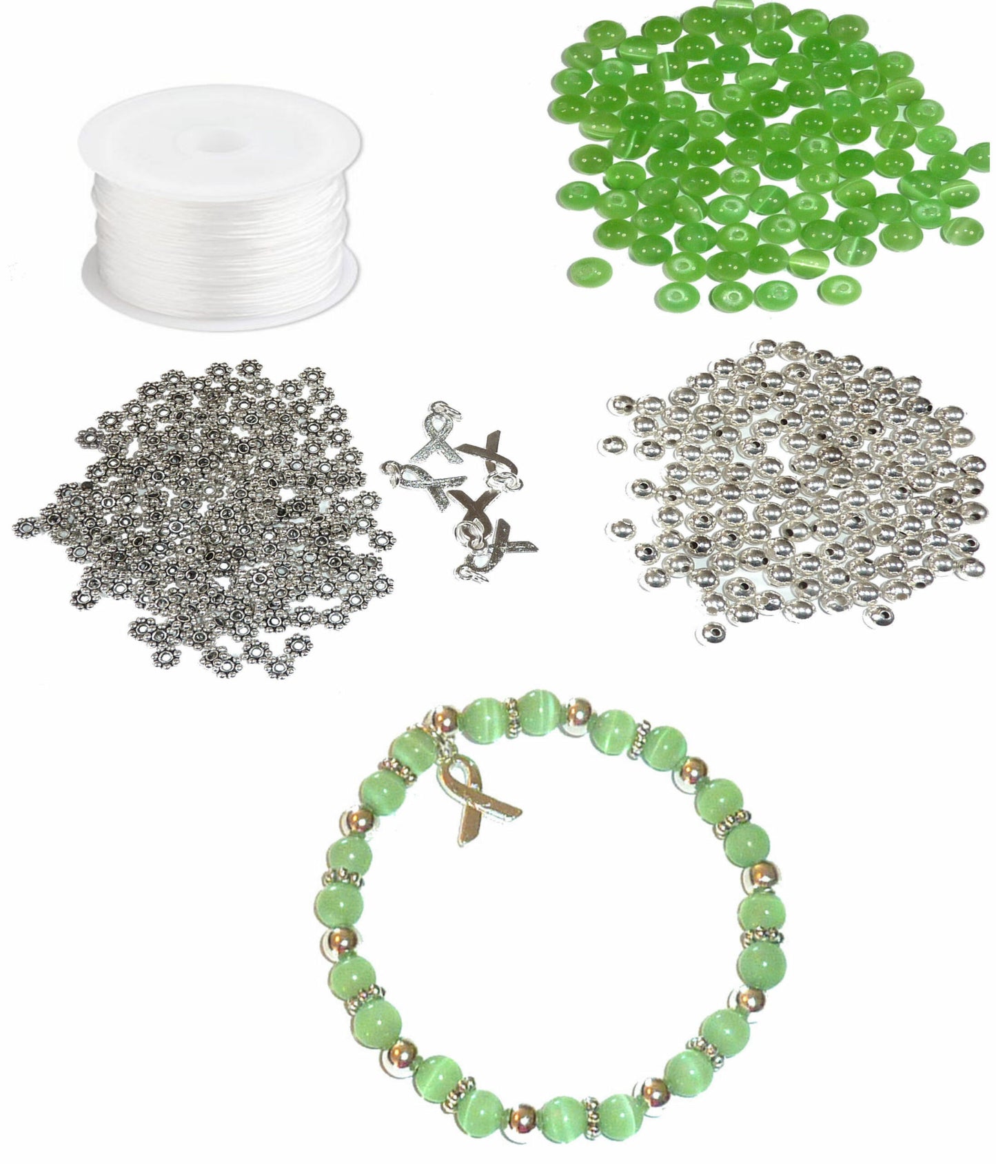 DIY Kit, Everything You Need to Make Cancer Awareness Bracelets, Uses Stretch Cord, Great for Fundraising Makes 5 - Mint (Liver, Lymphoma & transplant)