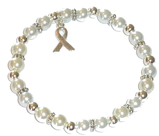 White Pearl (Lung Cancer) Packaged Cancer Awareness Bracelet 6mm - Stretch (will stretch to fit most Adults)