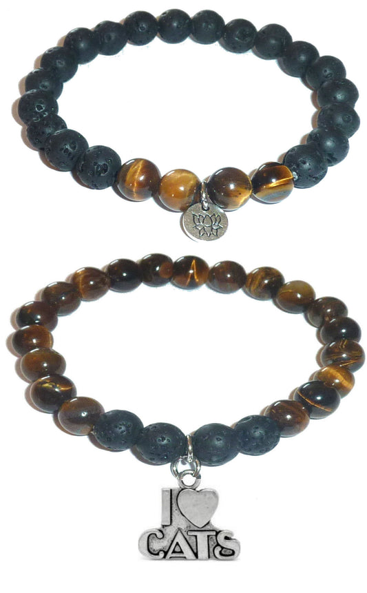 I Love Cats - Women's Tiger Eye & Black Lava Diffuser Yoga Beads Charm Stretch Bracelet Gift Set