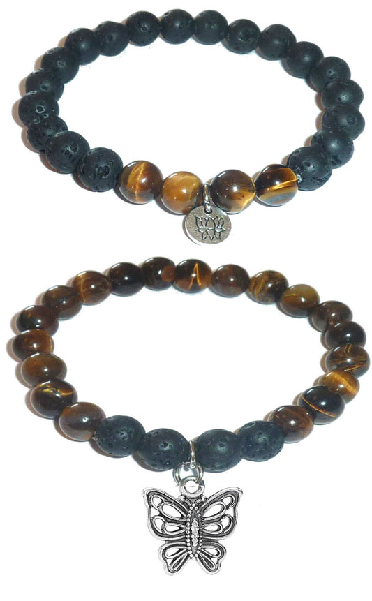 Butterfly - Women's Tiger Eye & Black Lava Diffuser Yoga Beads Charm Stretch Bracelet Gift Set