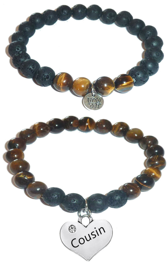 Cousin - Women's Tiger Eye & Black Lava Diffuser Yoga Beads Charm Stretch Bracelet Gift Set