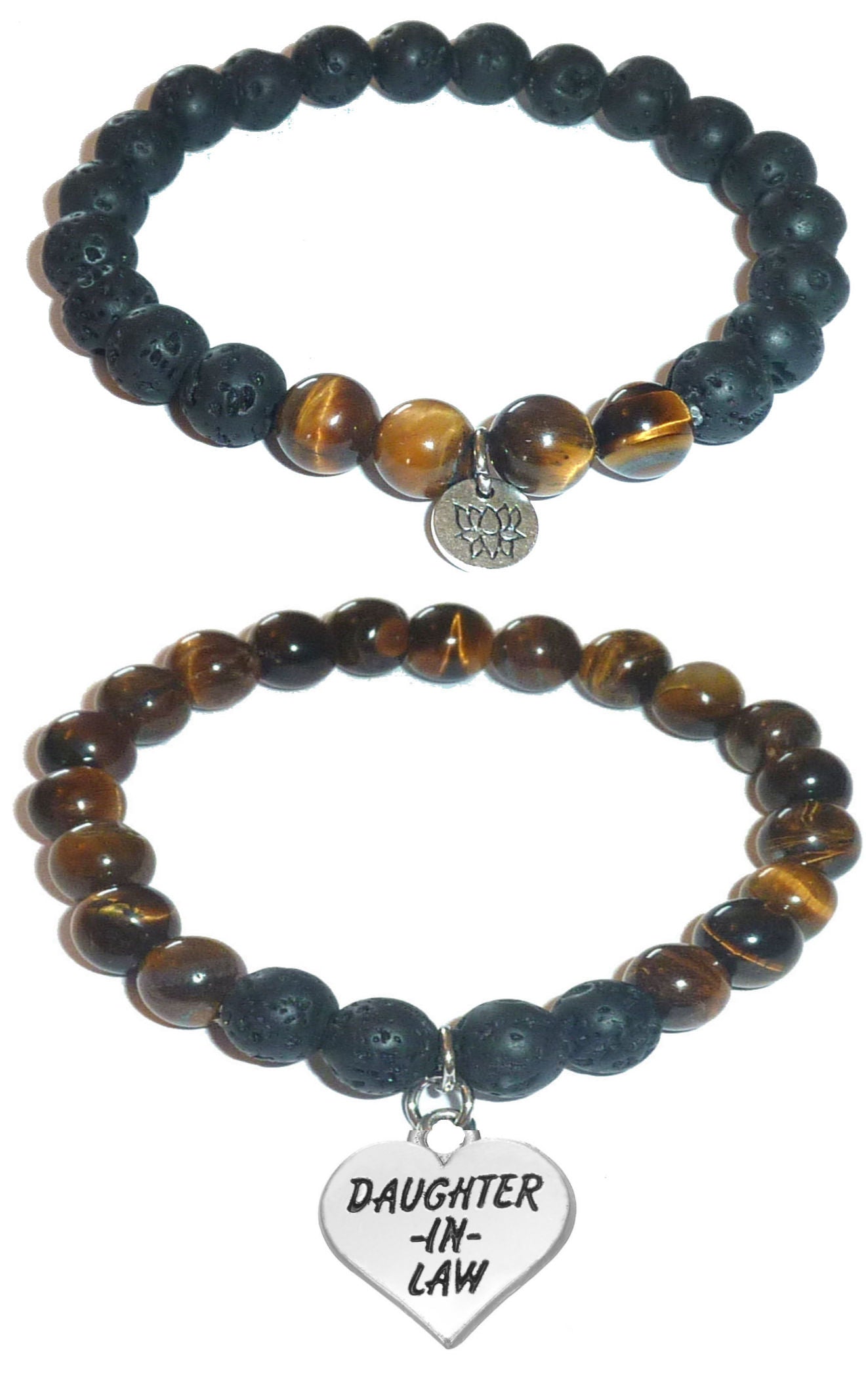 Daughter In Law - Women's Tiger Eye & Black Lava Diffuser Yoga Beads Charm Stretch Bracelet Gift Set