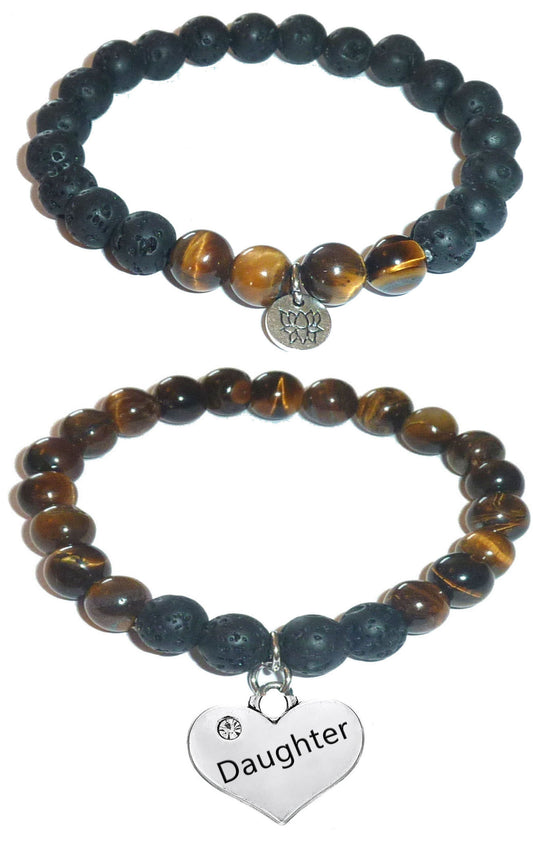 Daughter - Women's Tiger Eye & Black Lava Diffuser Yoga Beads Charm Stretch Bracelet Gift Set