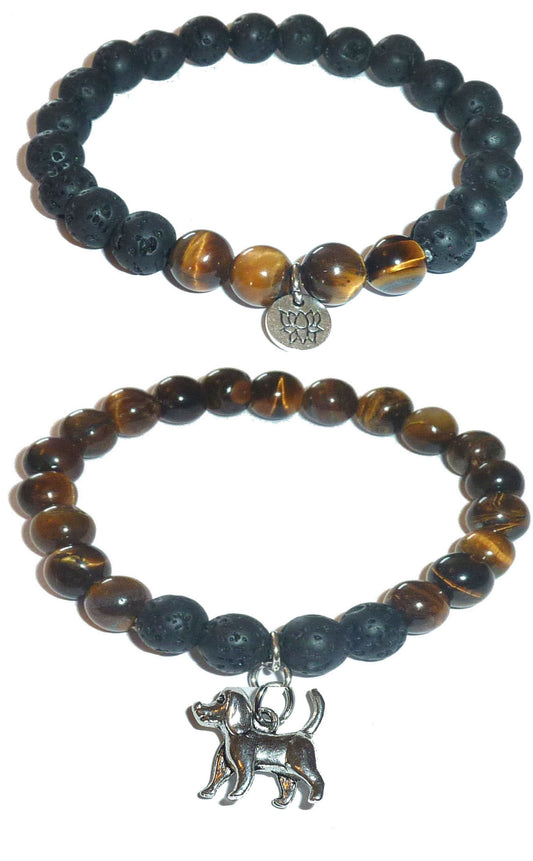 Dog Charm - Women's Tiger Eye & Black Lava Diffuser Yoga Beads Charm Stretch Bracelet Gift Set