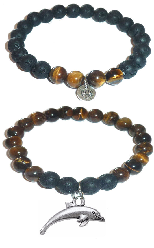 Dolphin - Women's Tiger Eye & Black Lava Diffuser Yoga Beads Charm Stretch Bracelet Gift Set