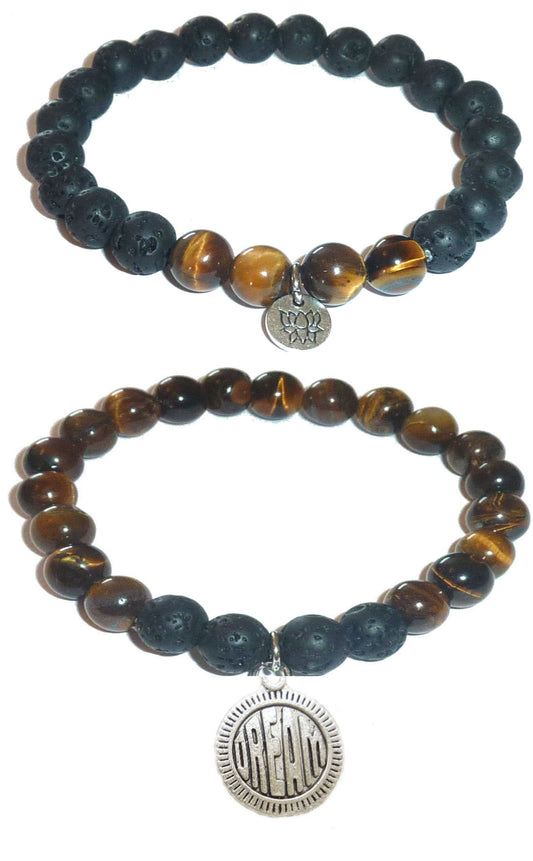 Dream - Women's Tiger Eye & Black Lava Diffuser Yoga Beads Charm Stretch Bracelet Gift Set