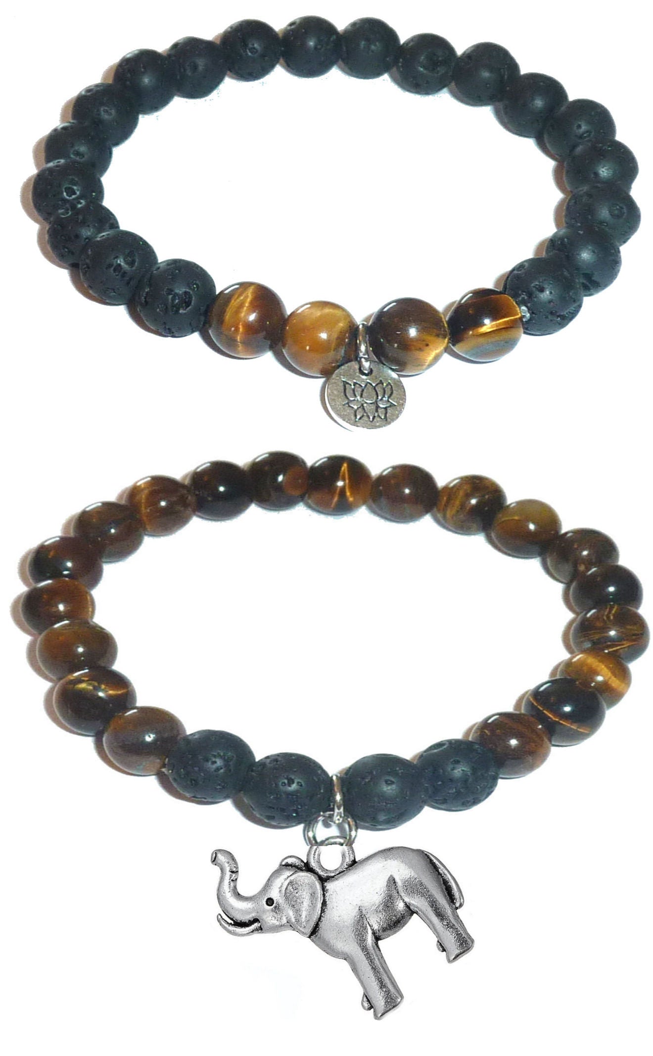 Elephant - Women's Tiger Eye & Black Lava Diffuser Yoga Beads Charm Stretch Bracelet Gift Set