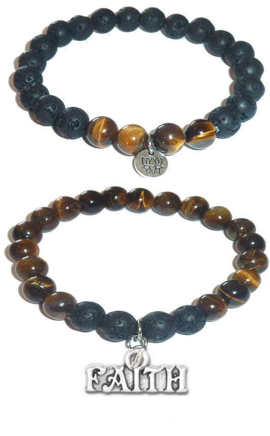 Faith - Women's Tiger Eye & Black Lava Diffuser Yoga Beads Charm Stretch Bracelet Gift Set