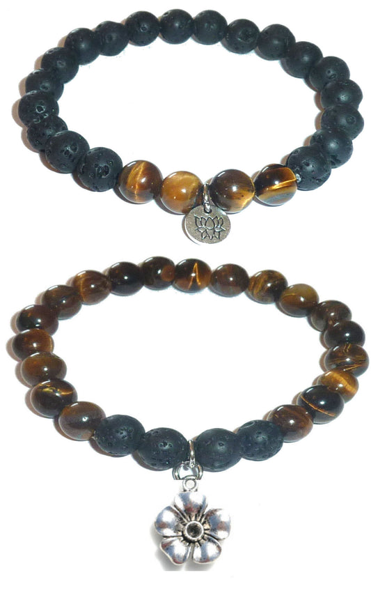 Flower - Women's Tiger Eye & Black Lava Diffuser Yoga Beads Charm Stretch Bracelet Gift Set