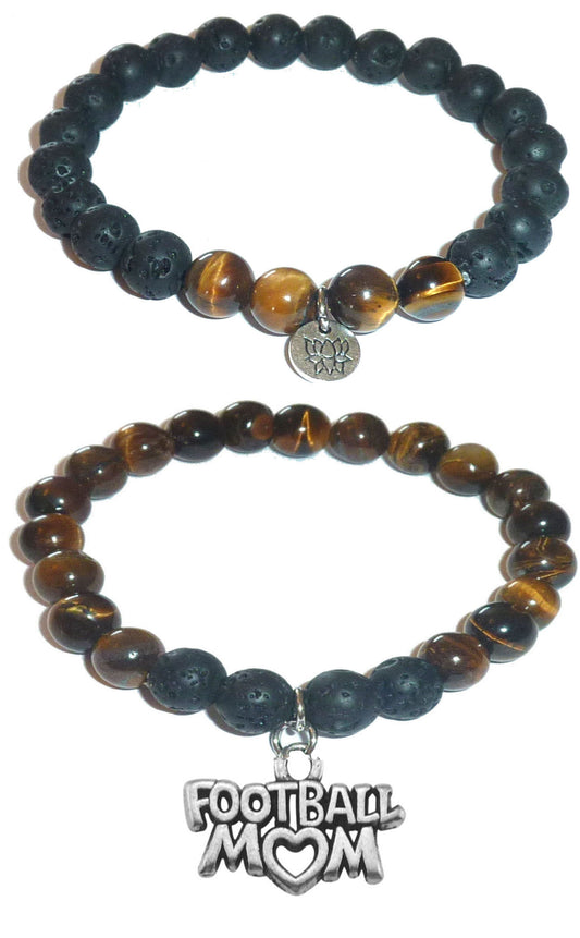 Football Mom - Women's Tiger Eye & Black Lava Diffuser Yoga Beads Charm Stretch Bracelet Gift Set