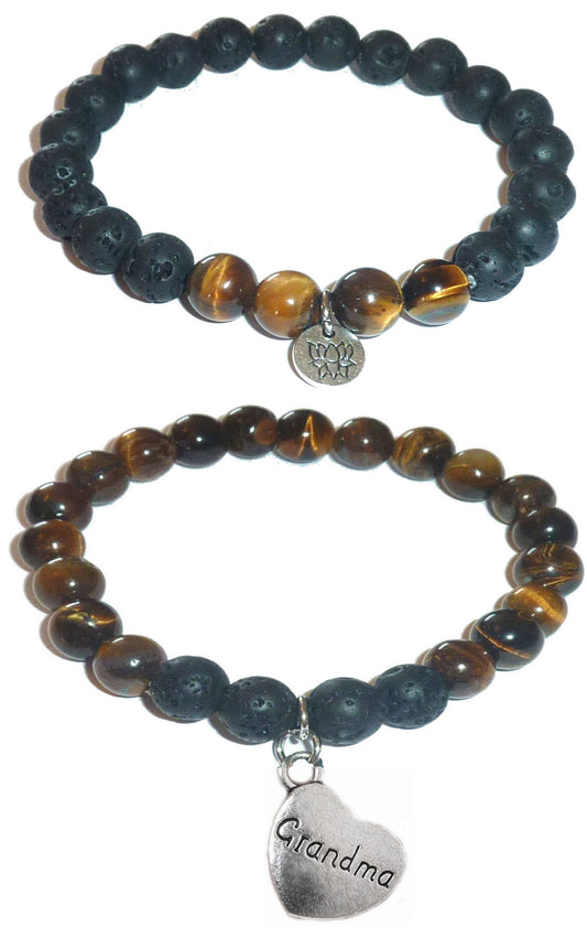 Grandma - Women's Tiger Eye & Black Lava Diffuser Yoga Beads Charm Stretch Bracelet Gift Set