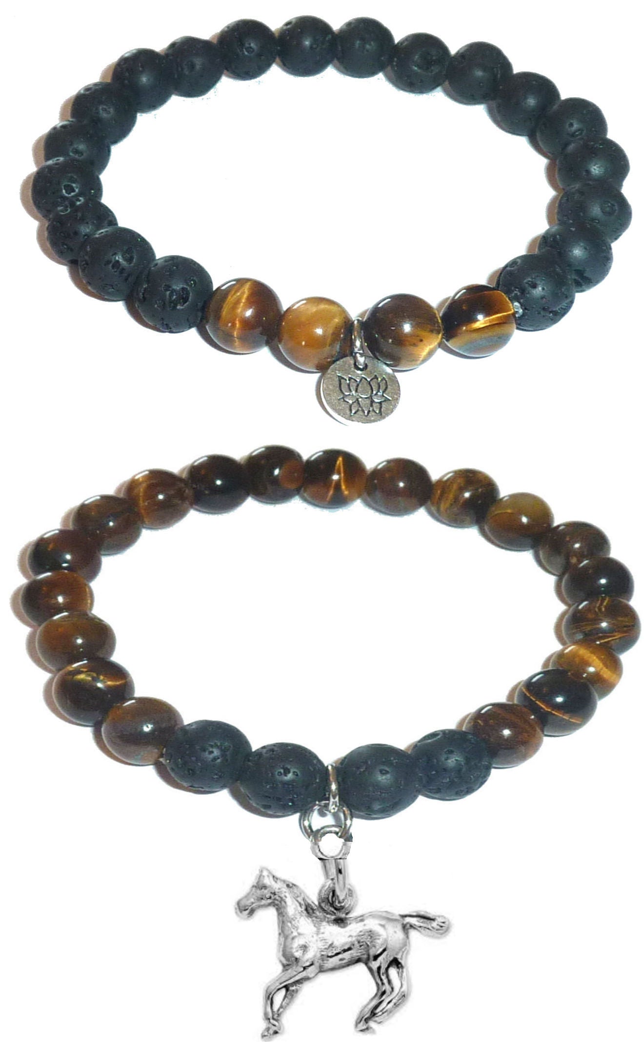 Horse - Women's Tiger Eye & Black Lava Diffuser Yoga Beads Charm Stretch Bracelet Gift Set