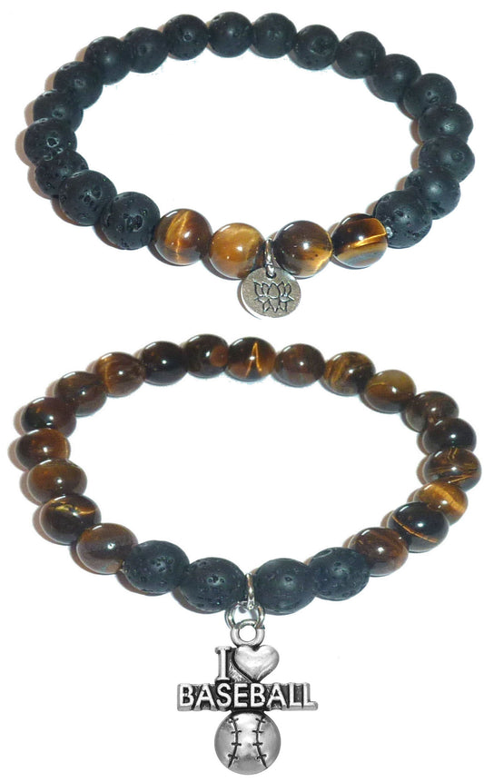 I Love Baseball - Women's Tiger Eye & Black Lava Diffuser Yoga Beads Charm Stretch Bracelet Gift Set