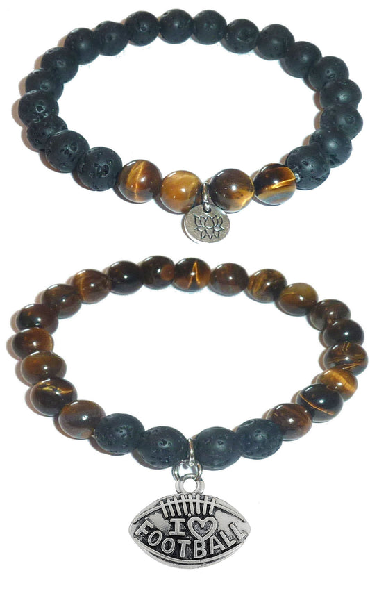 I Love Football - Women's Tiger Eye & Black Lava Diffuser Yoga Beads Charm Stretch Bracelet Gift Set