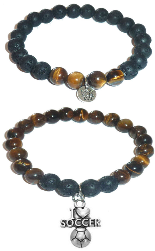 I Love Soccer - Women's Tiger Eye & Black Lava Diffuser Yoga Beads Charm Stretch Bracelet Gift Set