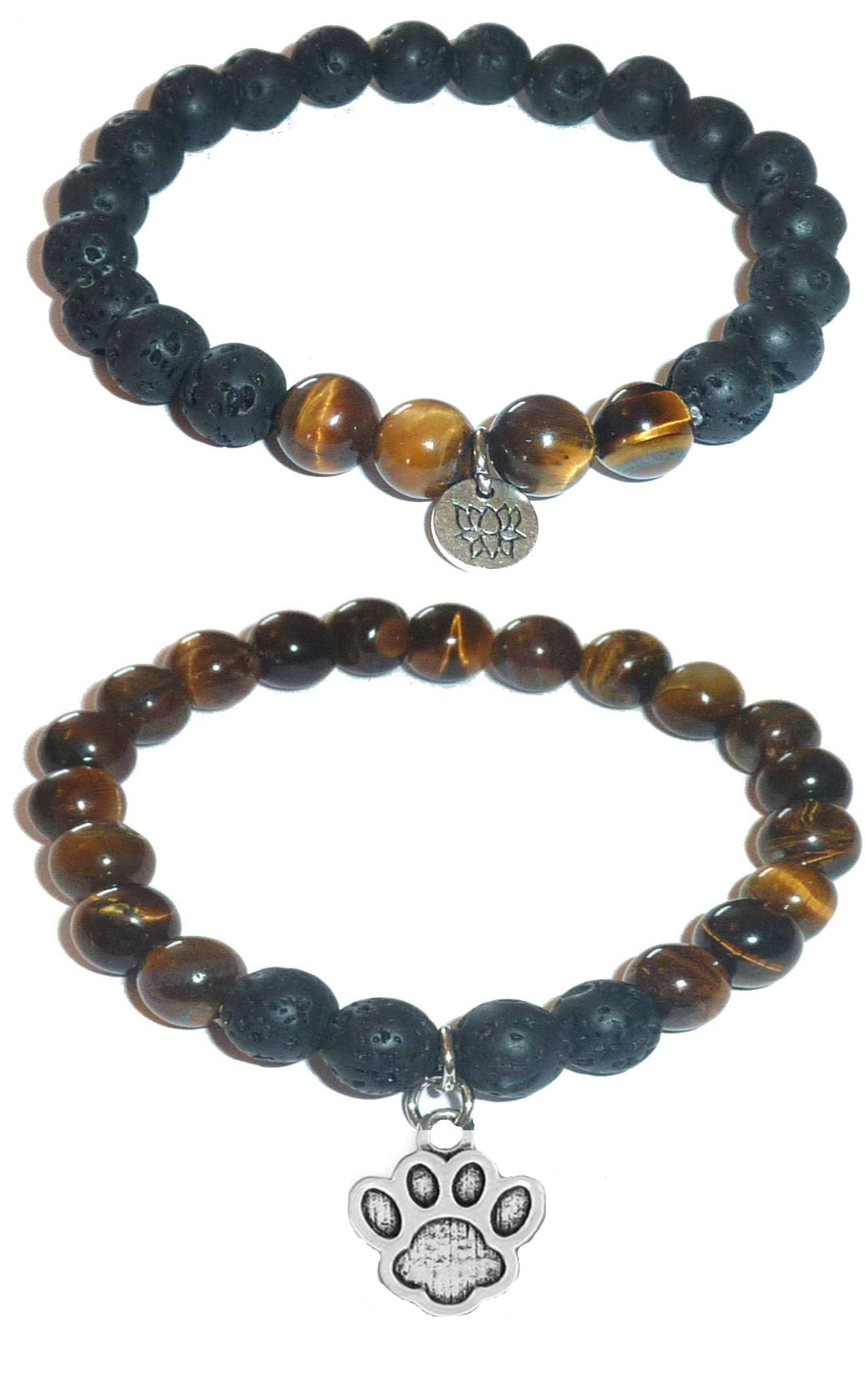 Paw Print - Women's Tiger Eye & Black Lava Diffuser Yoga Beads Charm Stretch Bracelet Gift Set