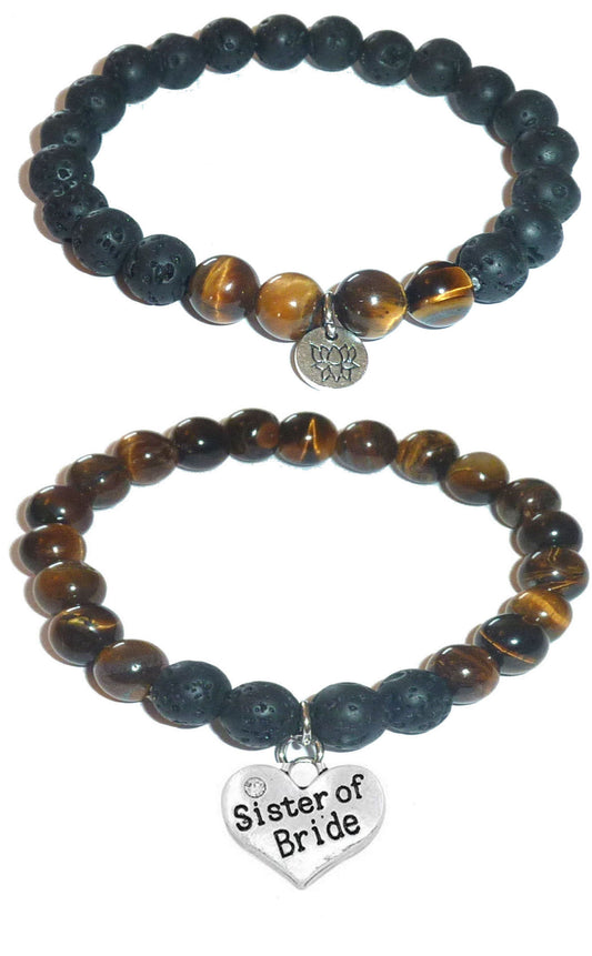 Sister of the Bride - Women's Tiger Eye & Black Lava Diffuser Yoga Beads Charm Stretch Bracelet Gift Set