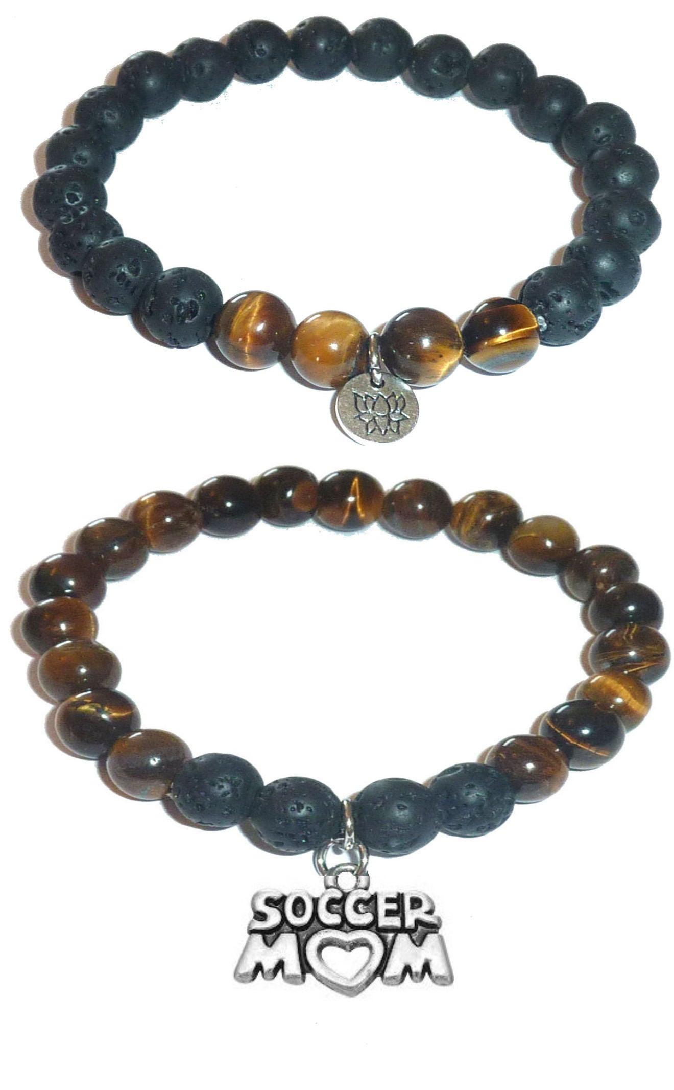 Soccer Mom - Women's Tiger Eye & Black Lava Diffuser Yoga Beads Charm Stretch Bracelet Gift Set