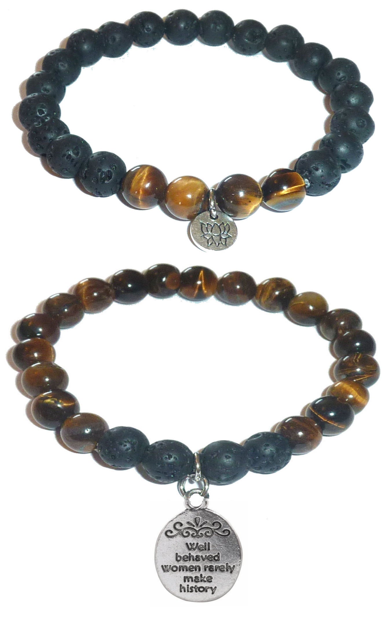 Well Behaved Women Rarely Make History - Women's Tiger Eye & Black Lava Diffuser Yoga Beads Charm Stretch Bracelet Gift Set