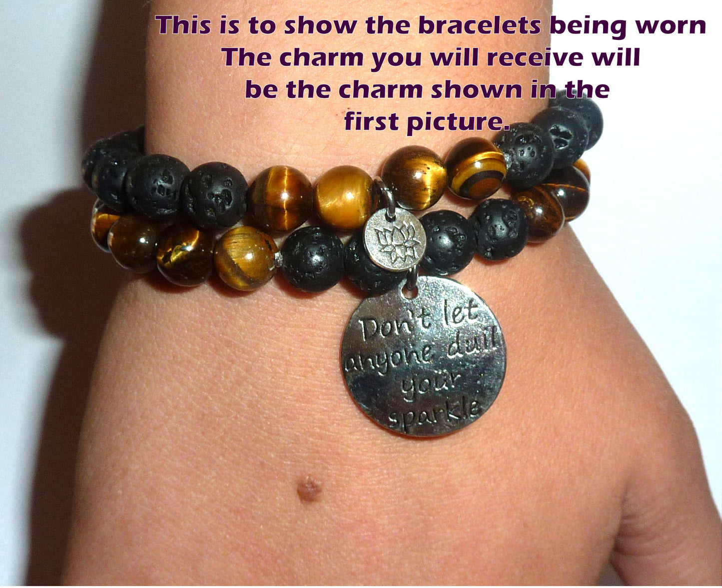 Courage - Women's Tiger Eye & Black Lava Diffuser Yoga Beads Charm Stretch Bracelet Gift Set