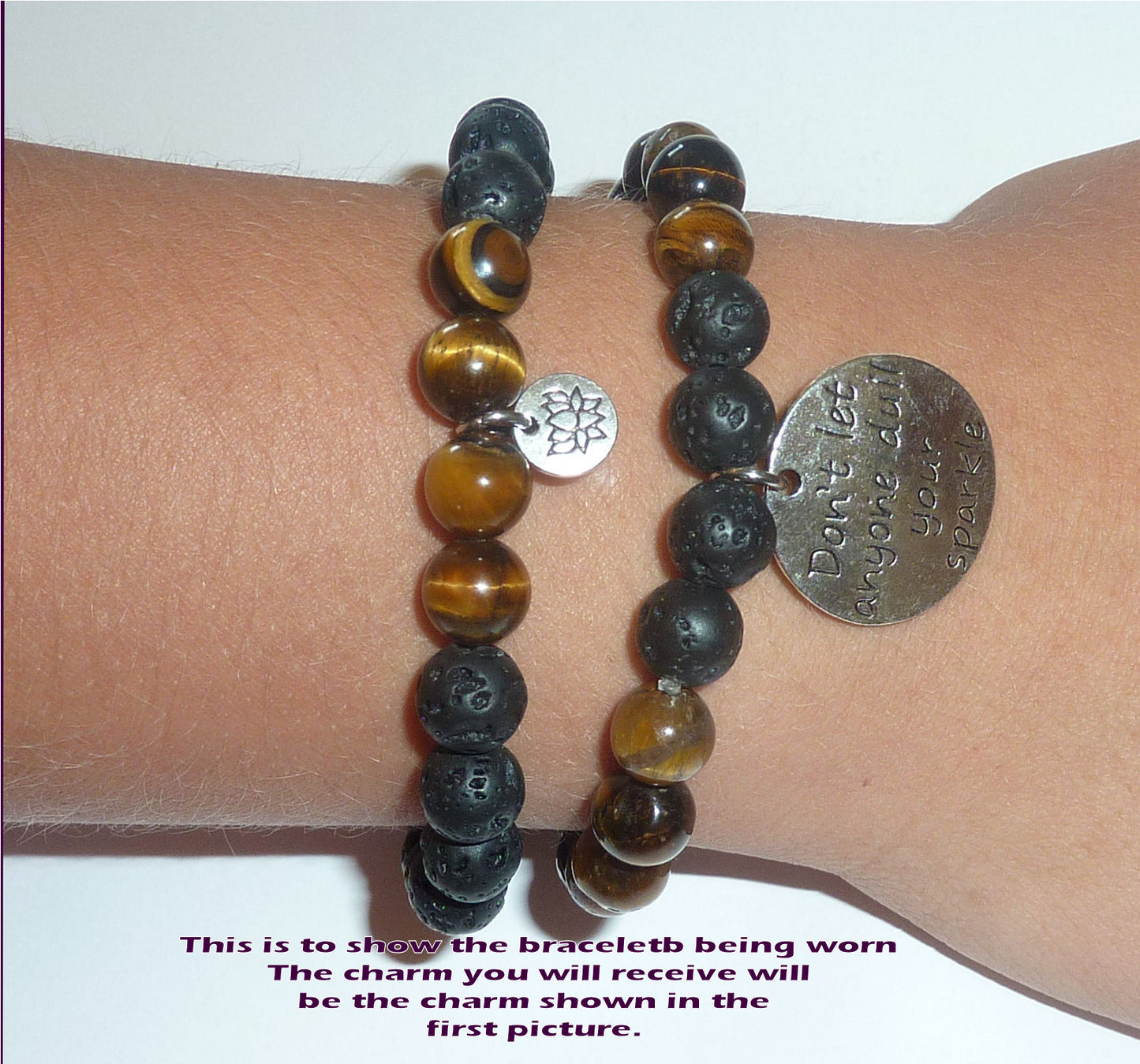 Though She Be Little She Is Fierce - Women's Tiger Eye & Black Lava Diffuser Yoga Beads Charm Stretch Bracelet Gift Set