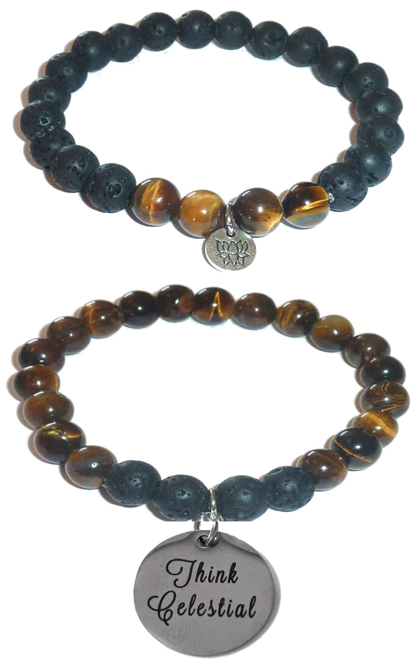 Think Celestial. - Women's Tiger Eye & Black Lava Diffuser Yoga Beads Charm Stretch Bracelet Gift Set