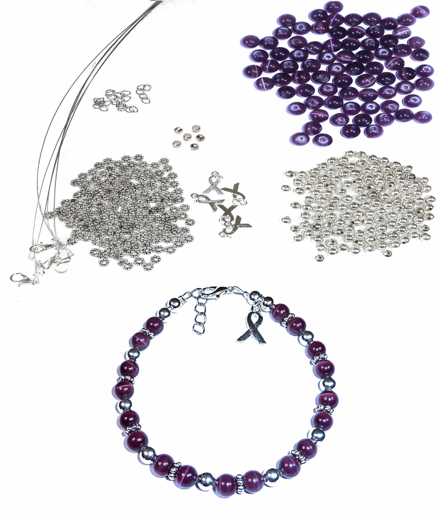 DIY Kit, Everything You Need to Make Cancer Awareness Bracelets, Uses Wire, Crimps and Clasps, Makes 5 - Purple (Pancreatic)